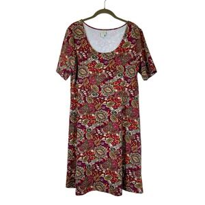 Sahalie Midi Dress Sz L  Red Green Floral Print‎  Stretch Boho Modest Mature